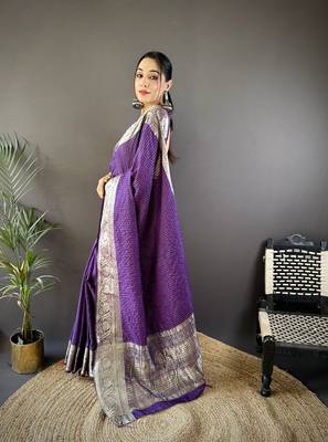 Purple checkered floral zari woven naylon viscose saree with blouse 3