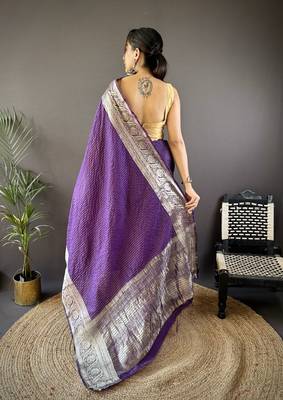 Purple checkered floral zari woven naylon viscose saree with blouse 4