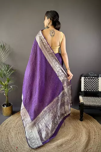 Purple checkered, floral, zari woven pure naylon viscose saree with blouse