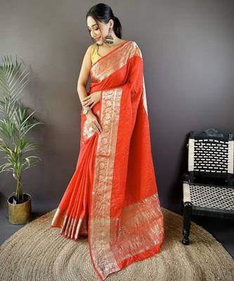 Red checkered floral zari woven naylon viscose saree with blouse 1