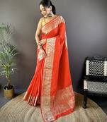Red checkered, floral, zari woven pure naylon viscose saree with blouse