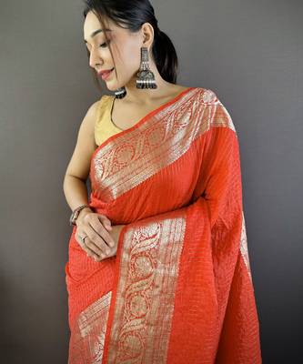 Red checkered floral zari woven naylon viscose saree with blouse 2