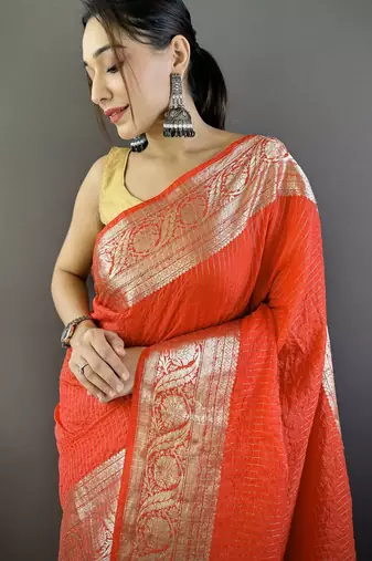 Red checkered, floral, zari woven pure naylon viscose saree with blouse