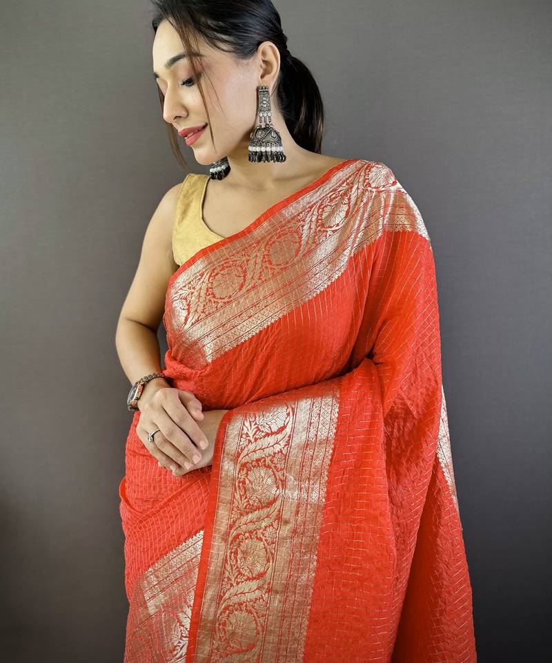 Red checkered, floral, zari woven pure naylon viscose saree with blouse