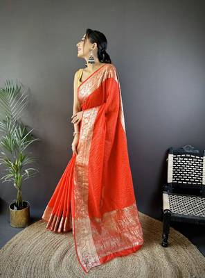 Red checkered floral zari woven naylon viscose saree with blouse 3