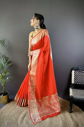Red checkered, floral, zari woven pure naylon viscose saree with blouse