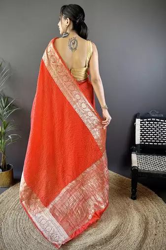 Red checkered, floral, zari woven pure naylon viscose saree with blouse