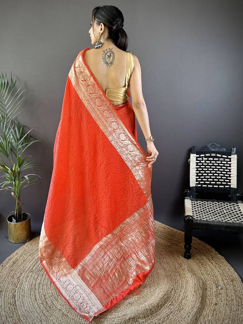 Red checkered, floral, zari woven pure naylon viscose saree with blouse