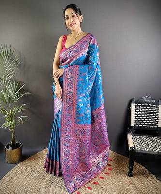 Blue floral paisely zari woven banarasi silk blend saree with blouse 1