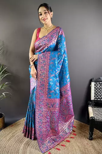 Blue floral, paisely, zari woven banarasi silk saree with blouse