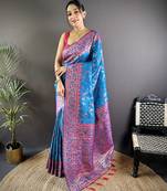 Blue floral paisely zari woven banarasi silk blend saree with blouse