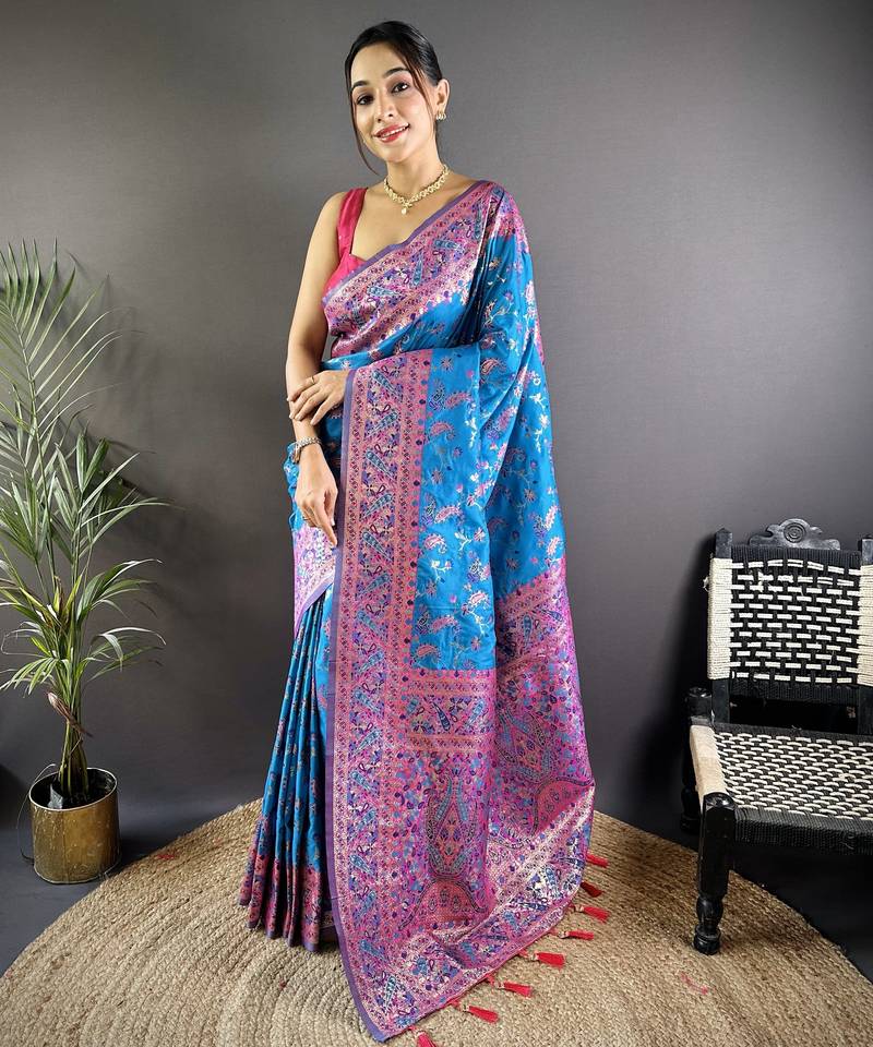 Blue floral, paisely, zari woven banarasi silk saree with blouse