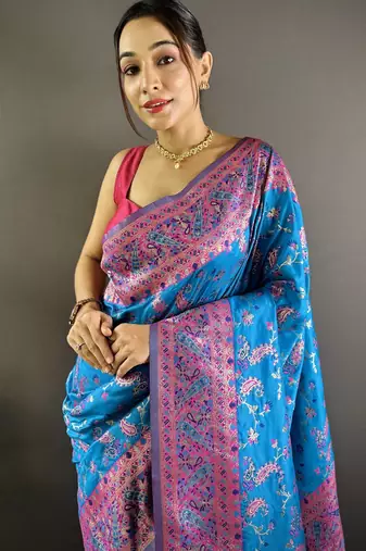 Blue floral, paisely, zari woven banarasi silk saree with blouse