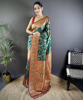 Green floral paisely zari woven banarasi silk blend saree with blouse 1