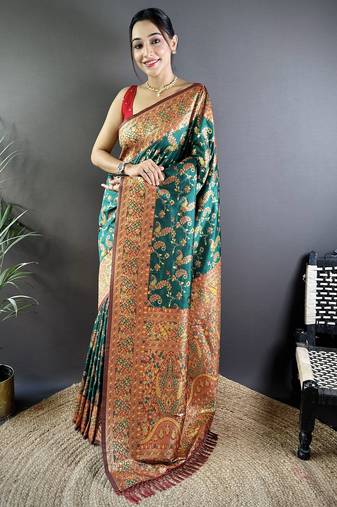Green floral, paisely, zari woven banarasi silk saree with blouse