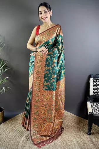 Green floral, paisely, zari woven banarasi silk saree with blouse