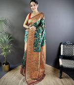 Green floral paisely zari woven banarasi silk blend saree with blouse