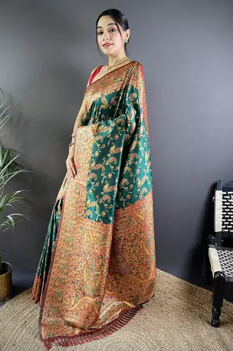 Green floral, paisely, zari woven banarasi silk saree with blouse