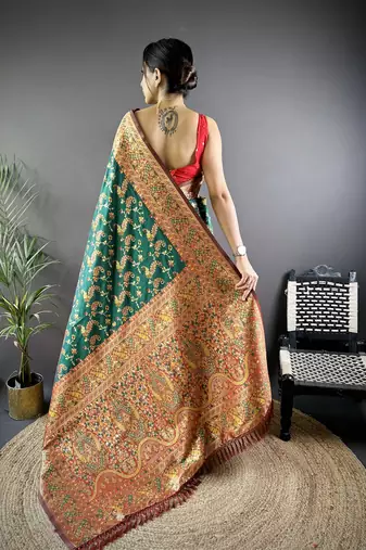 Green floral, paisely, zari woven banarasi silk saree with blouse