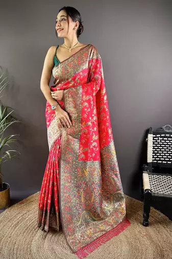 Pink floral, paisely, zari woven banarasi silk saree with blouse