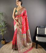 Pink floral, paisely, zari woven banarasi silk saree with blouse