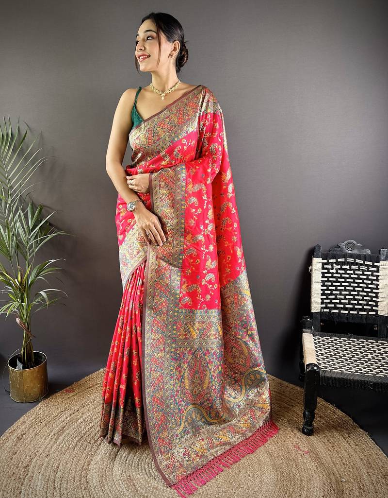 Pink floral, paisely, zari woven banarasi silk saree with blouse
