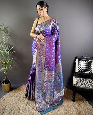 Purple floral paisely zari woven banarasi silk blend saree with blouse 1