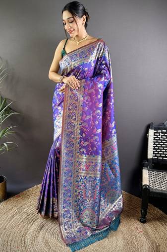 Purple floral, paisely, zari woven banarasi silk saree with blouse
