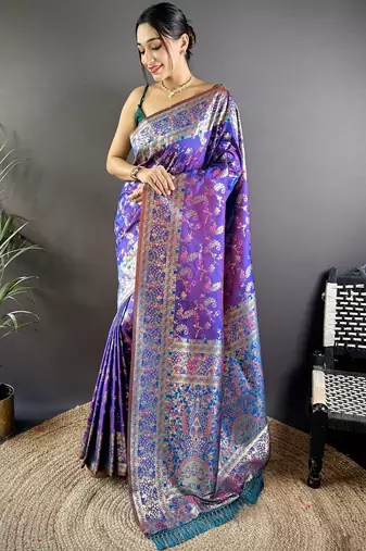 Purple floral, paisely, zari woven banarasi silk saree with blouse