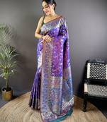 Purple floral, paisely, zari woven banarasi silk saree with blouse