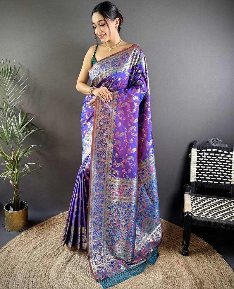 Purple floral, paisely, zari woven banarasi silk saree with blouse