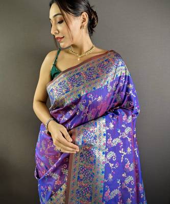 Purple floral paisely zari woven banarasi silk blend saree with blouse 2