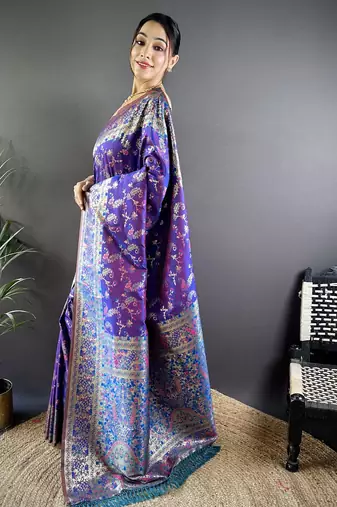 Purple floral, paisely, zari woven banarasi silk saree with blouse