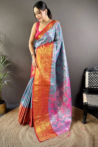 Blue floral, zari woven kanjivaram tissue silk saree with blouse