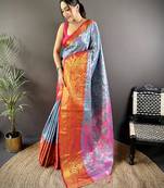 Blue floral, zari woven kanjivaram tissue silk saree with blouse