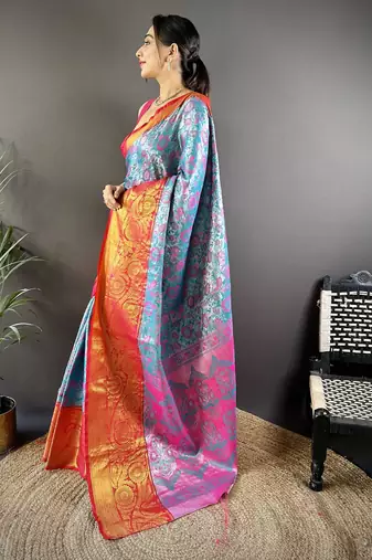 Blue floral, zari woven kanjivaram tissue silk saree with blouse