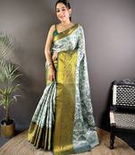 Grey floral, zari woven kanjivaram tissue silk saree with blouse