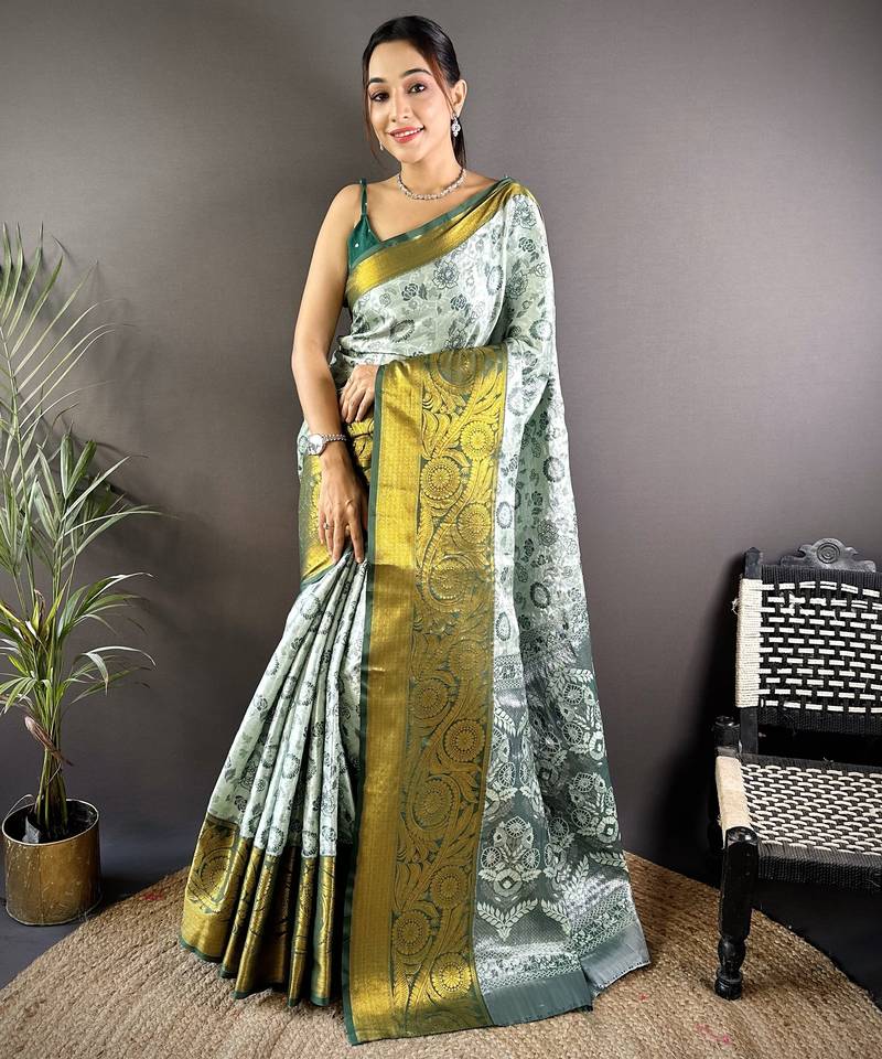 Grey floral, zari woven kanjivaram tissue silk saree with blouse