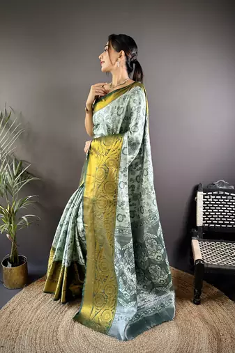 Grey floral, zari woven kanjivaram tissue silk saree with blouse