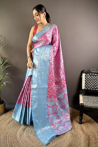 Pink floral, zari woven kanjivaram tissue silk saree with blouse