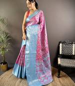 Pink floral, zari woven kanjivaram tissue silk saree with blouse