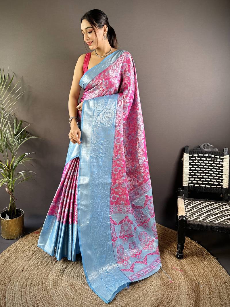 Pink floral, zari woven kanjivaram tissue silk saree with blouse