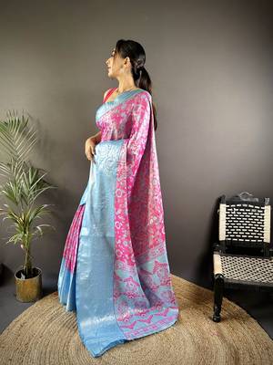 Pink floral zari woven tissue silk blend saree with blouse 3