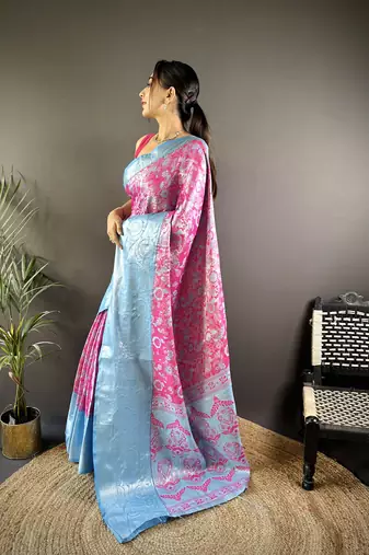 Pink floral, zari woven kanjivaram tissue silk saree with blouse