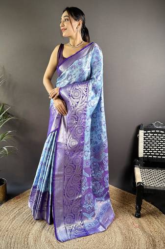 Sky blue floral, zari woven kanjivaram tissue silk saree with blouse