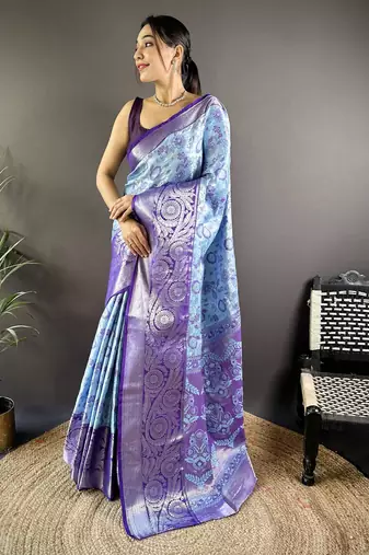 Sky blue floral, zari woven kanjivaram tissue silk saree with blouse