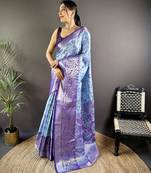 Sky blue floral, zari woven kanjivaram tissue silk saree with blouse