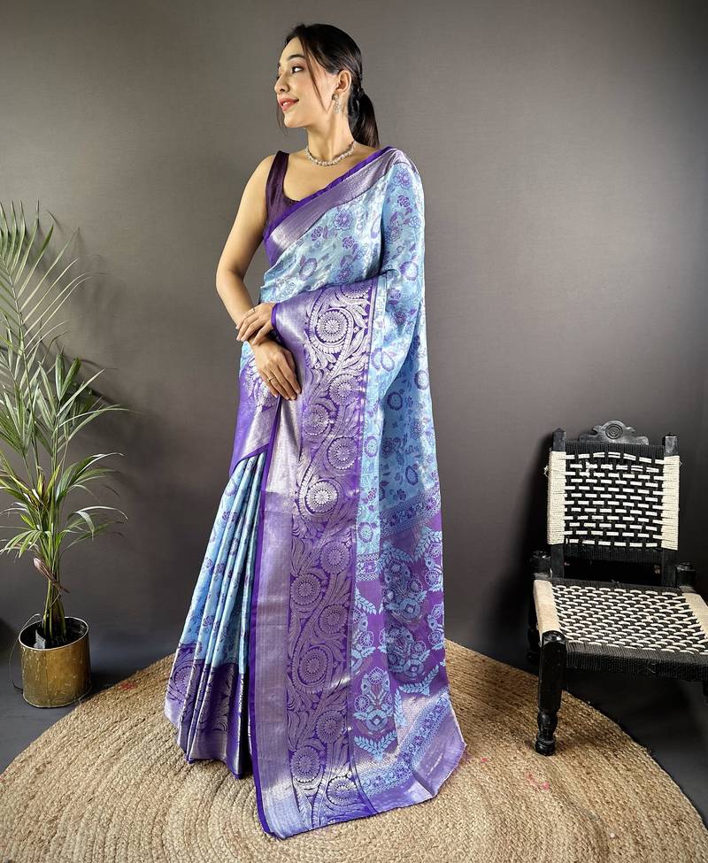 Sky blue floral, zari woven kanjivaram tissue silk saree with blouse