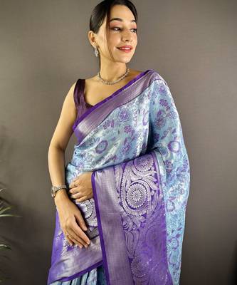 Sky blue floral, zari woven kanjivaram tissue silk saree with blouse 2