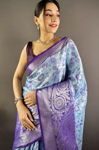 Sky blue floral, zari woven kanjivaram tissue silk saree with blouse